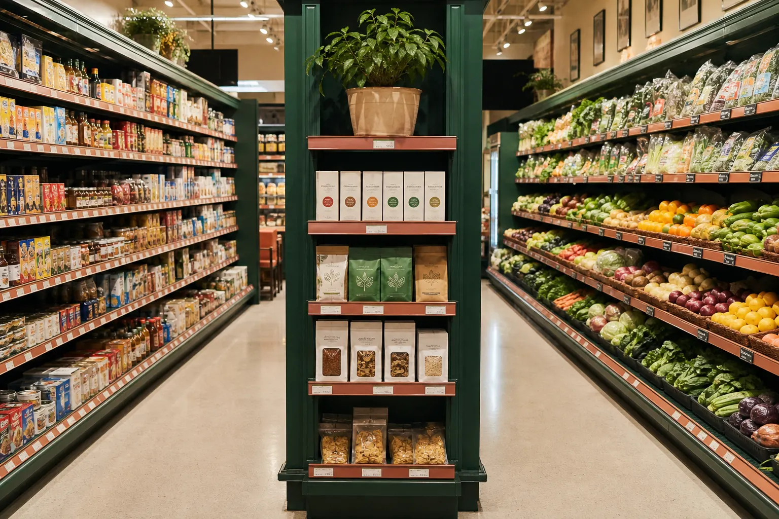 Two grocery aisles used to compare store formats or deal structures.