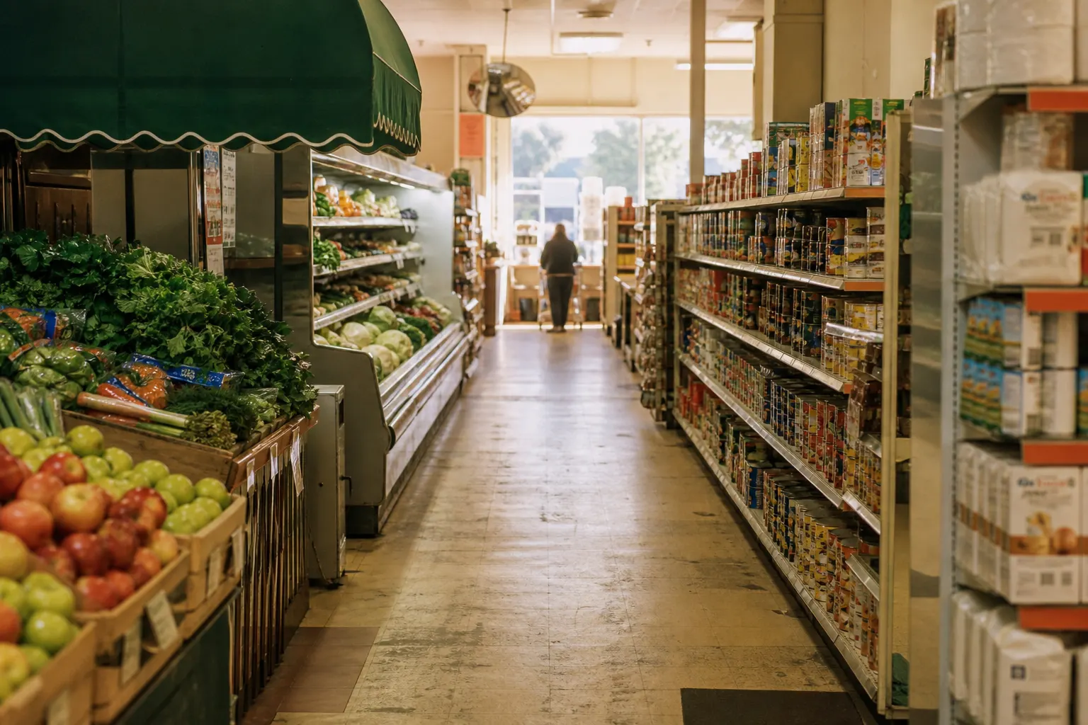 An independent supermarket aisle in late-afternoon light.