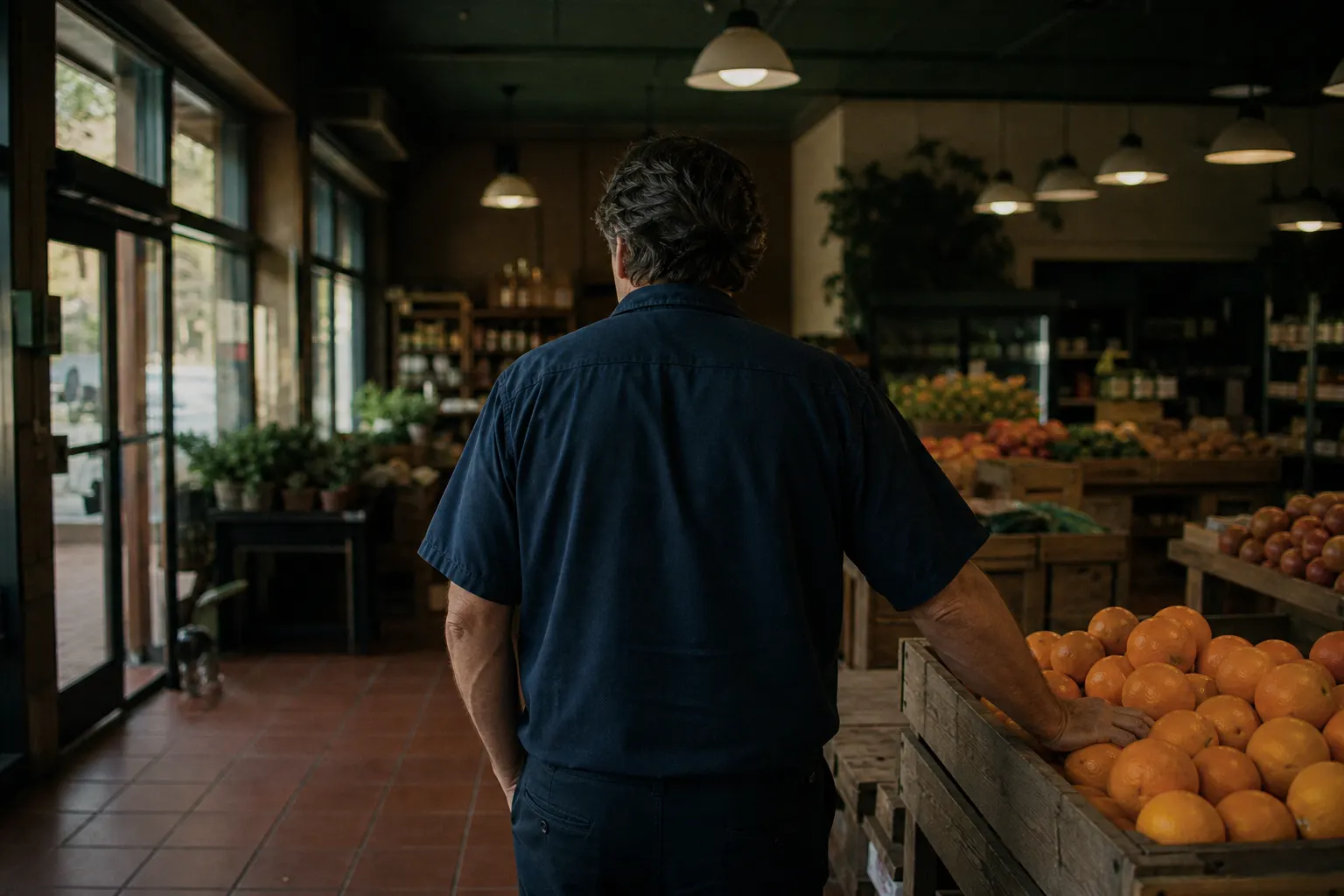 A grocery owner walking the store, used for a state seller page.
