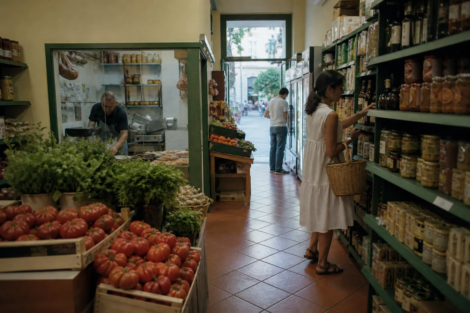 Interior of a neighborhood grocery store, used to illustrate selling that format.